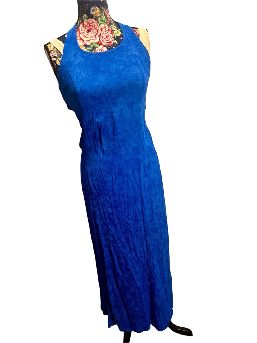 Vintage BSB Royal Blue Crinkle Pleated Open Back Maxi Dress Sz L Cross Strap 90s